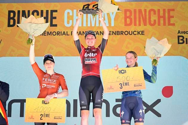 Binche Chimay Binche 2026 Cycling Race BINCHE, BELGIUM - OCTOBER 06 : Kool Charlotte (NED) of Fenix-Premier Tech, Riedmann Linda (BEL) of Lotto Intermarche Ladies and Steigenga Nicole (NED) of AG Insurance - Soudal Team pictured during the podium ceremony after the 6th edition of Binche Chimay Binche for women an UCI Class 1.1 one day cycling road race for Women Elite and U23 of 125 km with start in Binche and finish in Binche on October 6, 2026 in Binche, Belgium, 06 10 2026 Binche Belgium  Copyright: xNicoxVereeckenx