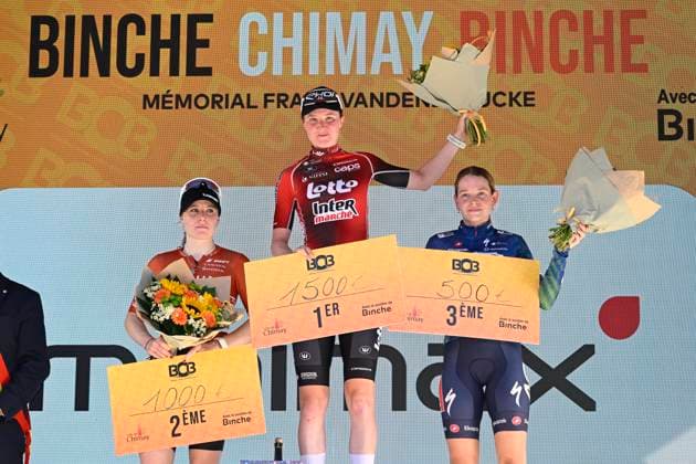 Binche Chimay Binche 2026 Cycling Race BINCHE, BELGIUM - OCTOBER 06 : Kool Charlotte (NED) of Fenix-Premier Tech, Riedmann Linda (BEL) of Lotto Intermarche Ladies and Steigenga Nicole (NED) of AG Insurance - Soudal Team pictured during the podium ceremony after the 6th edition of Binche Chimay Binche for women an UCI Class 1.1 one day cycling road race for Women Elite and U23 of 125 km with start in Binche and finish in Binche on October 6, 2026 in Binche, Belgium, 06 10 2026 Binche Belgium  Copyright: xNicoxVereeckenx