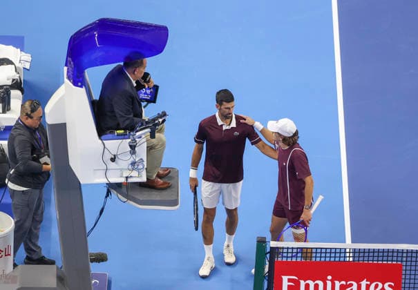 (261006) -- BEIJING, Oct. 6, 2026 -- Novak Djokovic (2nd R) of Serbia communicates with Alex de Minaur (1st R) of Australia after the men s singles final match at 2026 China Open tennis tournament in Beijing, China, Oct. 6, 2026. (Photo by Xinhua) (SP)CHINA-BEIJING-TENNIS-CHINA OPEN-MEN S SINGLES-FINAL(CN) MaxZihan 