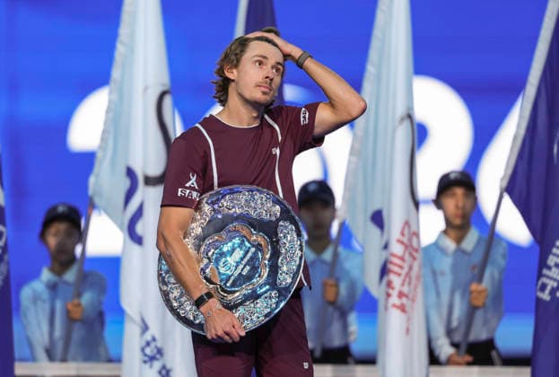 (261006) -- BEIJING, Oct. 6, 2026 -- Runner-up Alex de Minaur of Australia reacts during the awarding ceremony for the men s singles final at 2026 China Open tennis tournament in Beijing, China, Oct. 6, 2026. ) (SP)CHINA-BEIJING-TENNIS-CHINA OPEN-MEN S SINGLES-AWARDING CEREMONY(CN) BaixXuefei 