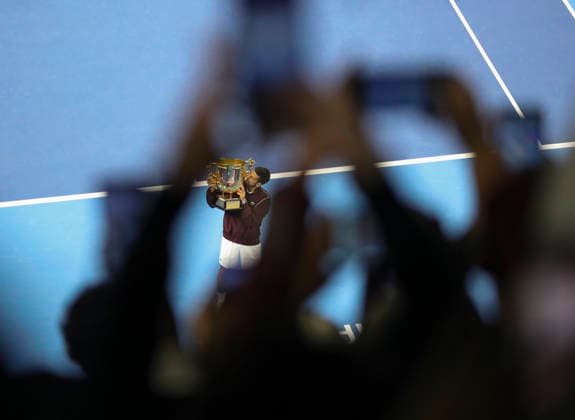 (261006) -- BEIJING, Oct. 6, 2026 -- Winner Novak Djokovic kisses the champion trophy during the awarding ceremony for the men s singles final at 2026 China Open tennis tournament in Beijing, China, Oct. 6, 2026. (Photo by Xinhua) (SP)CHINA-BEIJING-TENNIS-CHINA OPEN-MEN S SINGLES-AWARDING CEREMONY(CN) MaxZihan 