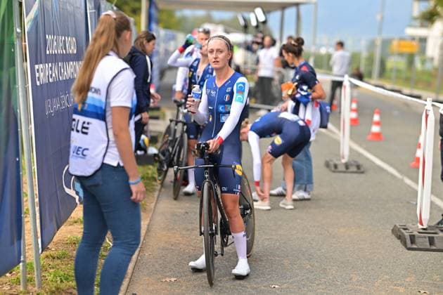 French Cedrine Kerbaol pictured after the time trial mixed relay elite race (44,2 km) at the cycling UEC Road European Championships, in Ljubljana, Slovenia Tuesday 6 October 2026. The UEC Road European Championships are taking place from 02 to 07 October in Ljubljana, Slovenia. DAVIDxPINTENS  x188931528x