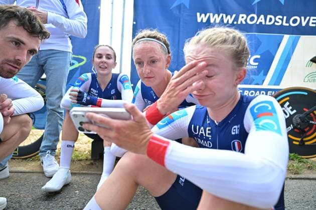 French Juliette Berthet; French Cedrine Kerbaol and French Maeva Squiban pictured after the time trial mixed relay elite race (44,2 km) at the cycling UEC Road European Championships, in Ljubljana, Slovenia Tuesday 6 October 2026. The UEC Road European Championships are taking place from 02 to 07 October in Ljubljana, Slovenia. DAVIDxPINTENS  x188931992x