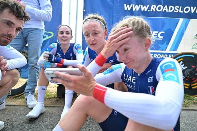 French Juliette Berthet; French Cedrine Kerbaol and French Maeva Squiban pictured after the time trial mixed relay elite race (44,2 km) at the cycling UEC Road European Championships, in Ljubljana, Slovenia Tuesday 6 October 2026. The UEC Road European Championships are taking place from 02 to 07 October in Ljubljana, Slovenia. DAVIDxPINTENS  x188932018x