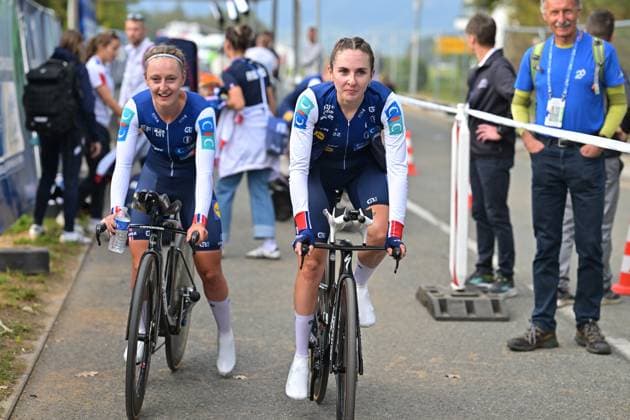 French Cedrine Kerbaol and French Juliette Berthet pictured after the time trial mixed relay elite race (44,2 km) at the cycling UEC Road European Championships, in Ljubljana, Slovenia Tuesday 6 October 2026. The UEC Road European Championships are taking place from 02 to 07 October in Ljubljana, Slovenia. DAVIDxPINTENS  x188932637x