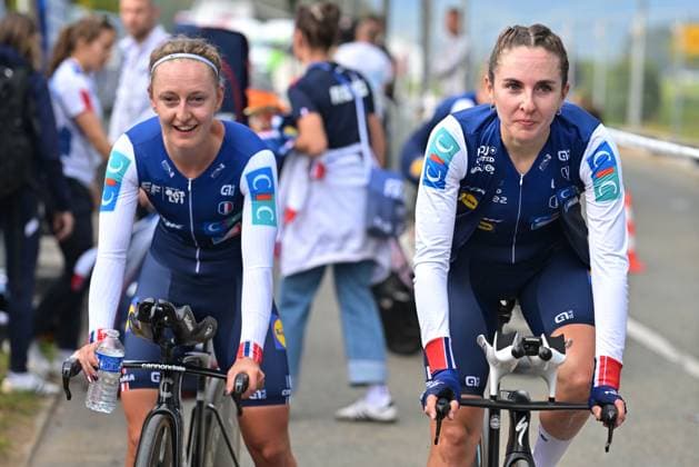 French Cedrine Kerbaol and French Juliette Berthet pictured after the time trial mixed relay elite race (44,2 km) at the cycling UEC Road European Championships, in Ljubljana, Slovenia Tuesday 6 October 2026. The UEC Road European Championships are taking place from 02 to 07 October in Ljubljana, Slovenia. DAVIDxPINTENS  x188933466x