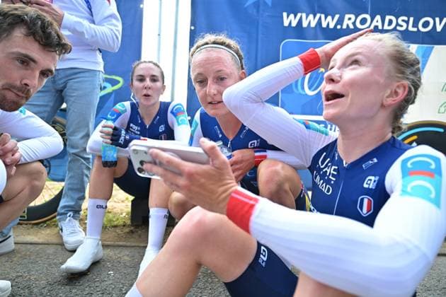 French Juliette Berthet; French Cedrine Kerbaol and French Maeva Squiban pictured after the time trial mixed relay elite race (44,2 km) at the cycling UEC Road European Championships, in Ljubljana, Slovenia Tuesday 6 October 2026. The UEC Road European Championships are taking place from 02 to 07 October in Ljubljana, Slovenia. DAVIDxPINTENS  x188933794x