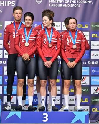Third placed Team Luxembourg celebrates on the podium of the time trial mixed relay elite race (44,2 km) at the cycling UEC Road European Championships, in Ljubljana, Slovenia Tuesday 6 October 2026. The UEC Road European Championships are taking place from 02 to 07 October in Ljubljana, Slovenia. DAVIDxPINTENS  x188934790x