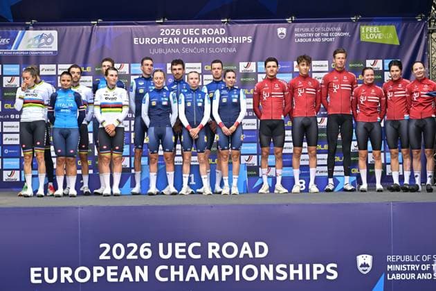Team Italy, Team France and Team Luxembourg celebrate on the podium of the time trial mixed relay elite race (44,2 km) at the cycling UEC Road European Championships, in Ljubljana, Slovenia Tuesday 6 October 2026. The UEC Road European Championships are taking place from 02 to 07 October in Ljubljana, Slovenia. DAVIDxPINTENS  x188934805x