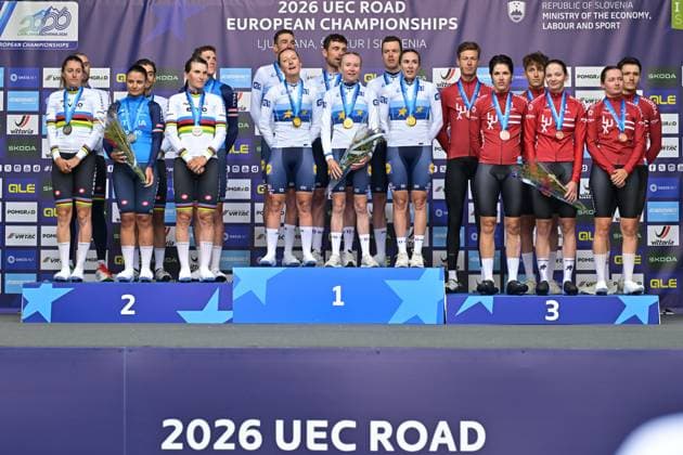 Team Italy, Team France and Team Luxembourg celebrate on the podium of the time trial mixed relay elite race (44,2 km) at the cycling UEC Road European Championships, in Ljubljana, Slovenia Tuesday 6 October 2026. The UEC Road European Championships are taking place from 02 to 07 October in Ljubljana, Slovenia. DAVIDxPINTENS  x188935653x