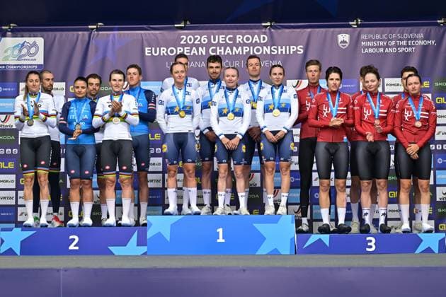 Team Italy, Team France and Team Luxembourg celebrate on the podium of the time trial mixed relay elite race (44,2 km) at the cycling UEC Road European Championships, in Ljubljana, Slovenia Tuesday 6 October 2026. The UEC Road European Championships are taking place from 02 to 07 October in Ljubljana, Slovenia. DAVIDxPINTENS  x188936586x