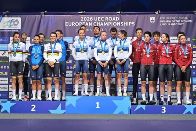 Team Italy, Team France and Team Luxembourg celebrate on the podium of the time trial mixed relay elite race (44,2 km) at the cycling UEC Road European Championships, in Ljubljana, Slovenia Tuesday 6 October 2026. The UEC Road European Championships are taking place from 02 to 07 October in Ljubljana, Slovenia. DAVIDxPINTENS  x188937656x