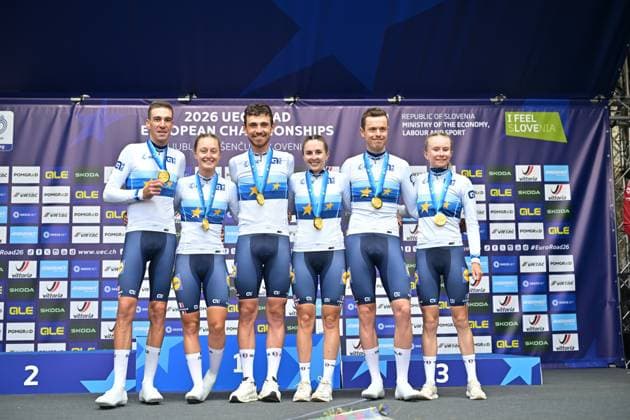 Team France celebrates on the podium after winning the time trial mixed relay elite race (44,2 km) at the cycling UEC Road European Championships, in Ljubljana, Slovenia Tuesday 6 October 2026. The UEC Road European Championships are taking place from 02 to 07 October in Ljubljana, Slovenia. DAVIDxPINTENS  x188937758x
