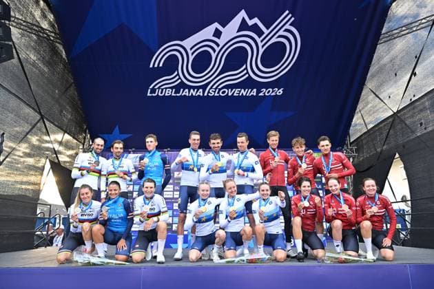 Team Italy, Team France and Team Luxembourg celebrate on the podium of the time trial mixed relay elite race (44,2 km) at the cycling UEC Road European Championships, in Ljubljana, Slovenia Tuesday 6 October 2026. The UEC Road European Championships are taking place from 02 to 07 October in Ljubljana, Slovenia. DAVIDxPINTENS  x188938464x