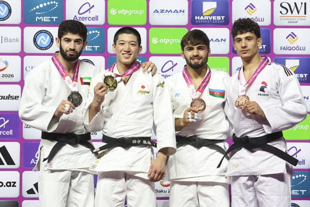 AZERBAIJAN, BAKU - OCTOBER 6, 2026: Makhmadbek Makhmadbekov of UAE (silver), Ryuga Tanaka of Japan (gold), Rashid Mamadaliyev of Azerbaijan (bronze) and Dayyan Boulemtafes (L-R) of France (bronze) pose with their medals in the men™s -73 kg category at the National Gymnastics Arena during the awards ceremony at the 2026 World Judo Championships 2026 World Judo Championships In Baku  - ZUMAt113 20261006_zaa_t113_445 Copyright: xMikhailxSinitsynx
