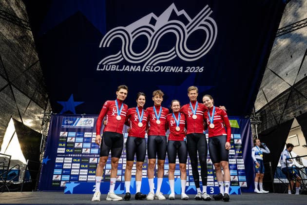 Luxembourg: UEC Road cycling, Rad, Radsport, Strasse European Championships - Ljubljana 2026 WENZEL Liv - SCHREIBER Marie - BERTON Nina - WENZEL Mats - KOCKELMANN Mathieu - KIRSCH Alex ( LUX ) Luxembourg - Third Place Award Ceremony Medal Ceremony Podium - Querformat - quer - horizontal - Landscape - Event Veranstaltung: UEC Road Cycling European Championships 2026 Ljubljana - Category Kategorie: Cycling - Road Cycling European Championships - Mixed Relay Men and Women Elite - Location Ort: Europe Slovenia - Sencur - Å enÄur - Discipline: Mixed Relay ( MR ) - Distance: 44 km - Date Datum: 06.10.2026 Tuesday Day 4 -
