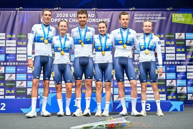 Team France celebrates on the podium after winning the time trial mixed relay elite race (44,2 km) at the cycling UEC Road European Championships, in Ljubljana, Slovenia Tuesday 6 October 2026. The UEC Road European Championships are taking place from 02 to 07 October in Ljubljana, Slovenia. DAVIDxPINTENS  x188946419x