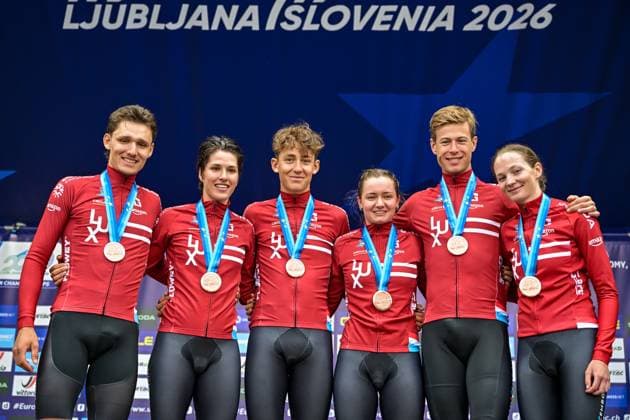 Third placed Team Luxembourg celebrates on the podium of the time trial mixed relay elite race (44,2 km) at the cycling UEC Road European Championships, in Ljubljana, Slovenia Tuesday 6 October 2026. The UEC Road European Championships are taking place from 02 to 07 October in Ljubljana, Slovenia. DAVIDxPINTENS  x188946467x