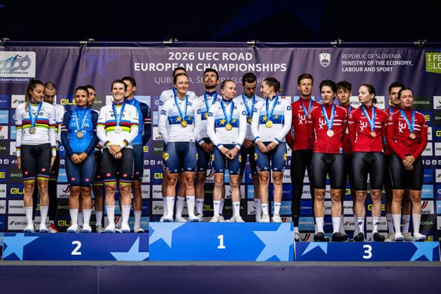 Italy, France, Luxembourg: UEC Road cycling, Rad, Radsport, Strasse European Championships - Ljubljana 2026 VIGILIA Alessia - TRINCA COLONEL Monica - LONGO BORGHINI Elisa - SOBRERO Matteo - FRIGO Marco - CATTANEO Mattia ( ITA ) Italy Second Place - SQUIBAN Maeva - KERBAOL Cedrine - BERTHET Juliette - GUERNALEC Thibault - CAVAGNA RÃ mi - ARMIRAIL Bruno ( FRA ) France - Winner - First Place WENZEL Liv - SCHREIBER Marie - BERTON Nina - WENZEL Mats - KOCKELMANN Mathieu - KIRSCH Alex ( LUX ) Luxembourg - Third Place - Award Ceremony Medal Ceremony Podium - Querformat - quer - horizontal - Landscape - Event Veranstaltung: UEC Road Cycling European Championships 2026 Ljubljana - Category Kategorie: Cycling - Road Cycling European Championships - Mixed Relay Men and Women Elite - Location Ort: Europe Slovenia - Sencur - Å enÄur - Discipline: Mixed Relay ( MR ) - Distance: 44 km - Date Datum: 06.10.2026 Tuesday Day 4 -