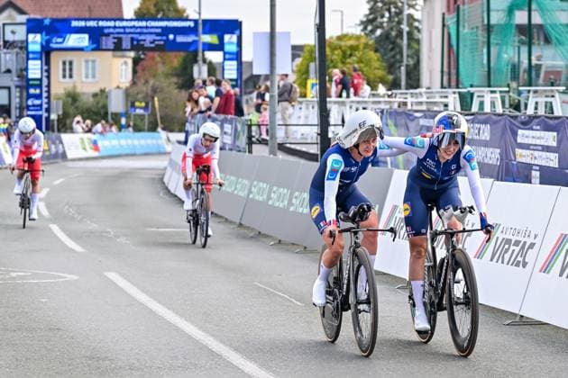Team France pictured during the time trial mixed relay elite race (44,2 km) at the cycling UEC Road European Championships, in Ljubljana, Slovenia Tuesday 6 October 2026. The UEC Road European Championships are taking place from 02 to 07 October in Ljubljana, Slovenia. DAVIDxPINTENS  x188945879x