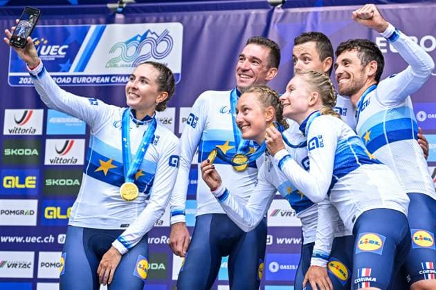 Team France celebrates on the podium after winning the time trial mixed relay elite race (44,2 km) at the cycling UEC Road European Championships, in Ljubljana, Slovenia Tuesday 6 October 2026. The UEC Road European Championships are taking place from 02 to 07 October in Ljubljana, Slovenia. DAVIDxPINTENS  x188946361x