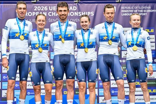 Team France celebrates on the podium after winning the time trial mixed relay elite race (44,2 km) at the cycling UEC Road European Championships, in Ljubljana, Slovenia Tuesday 6 October 2026. The UEC Road European Championships are taking place from 02 to 07 October in Ljubljana, Slovenia. DAVIDxPINTENS  x188946296x