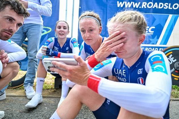 French Juliette Berthet; French Cedrine Kerbaol and French Maeva Squiban pictured after the time trial mixed relay elite race (44,2 km) at the cycling UEC Road European Championships, in Ljubljana, Slovenia Tuesday 6 October 2026. The UEC Road European Championships are taking place from 02 to 07 October in Ljubljana, Slovenia. DAVIDxPINTENS  x188946199x