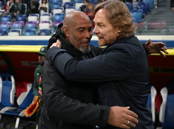 Russia Soccer Friendly Russia - Nigeria 9258730 06.10.2026 Nigeria s head coach Eric Chelle and Russia s head coach Valery Karpin greet each other before the friendly soccer match between Russia and Nigeria at Sovcombank Arena in Nizhny Novgorod, Russia. Maksim Blinov Sputnik Nizhny Novgorod Russia  Copyright: xMaksimxBlinovx