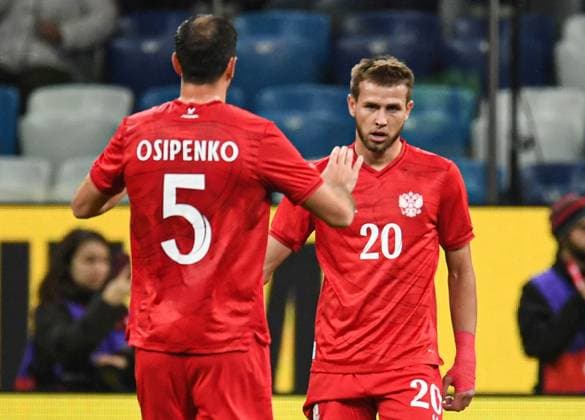 Russia Soccer Friendly Russia - Nigeria 9258734 06.10.2026 Russia s Lechi Sadulaev, right, celebrates with teammate Maksim Osipenko after scoring his team s first goal during the friendly soccer match between Russia and Nigeria at Sovcombank Arena in Nizhny Novgorod, Russia. Grigoriy Sokolov Sputnik Nizhny Novgorod Russia  Copyright: xGrigoriyxSokolovx