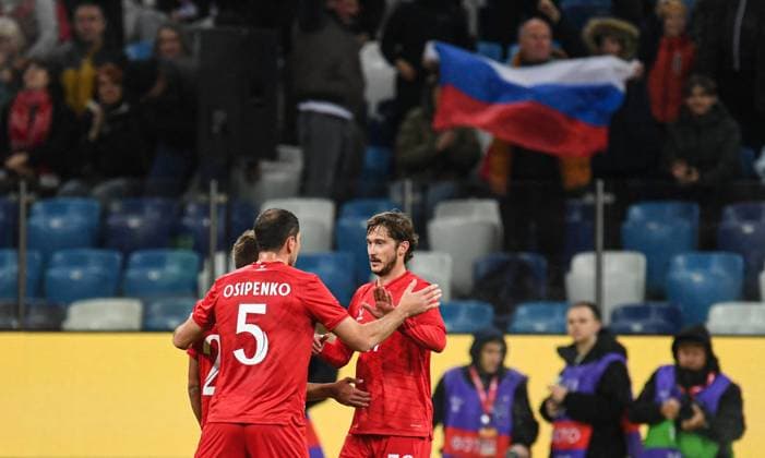 Russia Soccer Friendly Russia - Nigeria 9258739 06.10.2026 Russia s Maksim Osipenko, Lechi Sadulaev and Aleksey Miranchuk celebrate their team s first goal, scored by Sadulaev, during the friendly soccer match between Russia and Nigeria at Sovcombank Arena in Nizhny Novgorod, Russia. Grigoriy Sokolov Sputnik Nizhny Novgorod Russia  Copyright: xGrigoriyxSokolovx