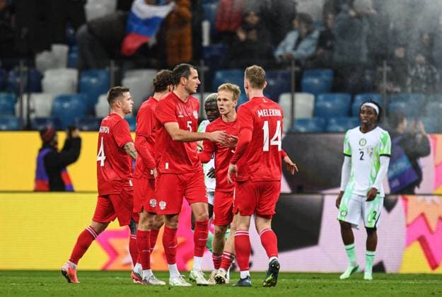 Russia Soccer Friendly Russia - Nigeria 9258743 06.10.2026 Russia s players celebrate their team s first goal, scored by Lechi Sadulaev, during the friendly soccer match between Russia and Nigeria at Sovcombank Arena in Nizhny Novgorod, Russia. Grigoriy Sokolov Sputnik Nizhny Novgorod Russia  Copyright: xGrigoriyxSokolovx