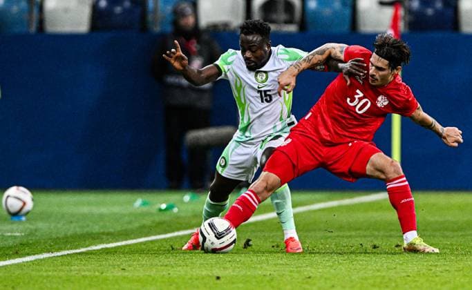 Russia Soccer Friendly Russia - Nigeria 9258753 06.10.2026 Nigeria s Moses Simon and Russia s Ilya Vakhania struggle for the ball during the friendly soccer match between Russia and Nigeria at Sovcombank Arena in Nizhny Novgorod, Russia. Maksim Blinov Sputnik Nizhny Novgorod Russia  Copyright: xMaksimxBlinovx