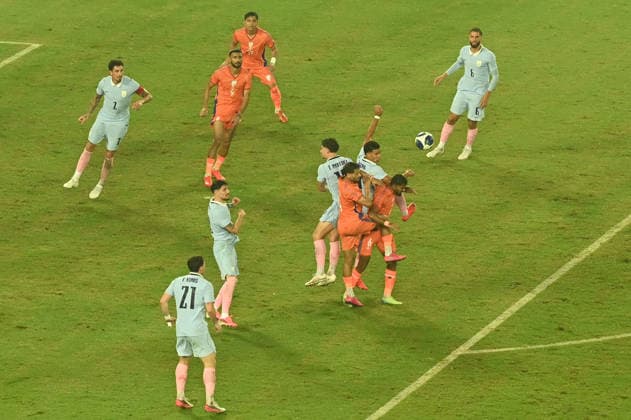 KOLKATA, INDIA - OCTOBER 6: Akash Mishra of India makes an attempt against Uruguay during FIFA International Friendly, Länderspiel, Nationalmannschaft match at Vivekananda Yuva Bharati Stadium on October 6, 2026 in Kolkata, India. (Photo by Samir Jana Hindustan Times) India Vs Uruguay FIFA International Friendly Match At Salt Lake Stadium Kolkata