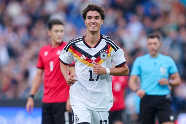 Noah Darvich (Germany) celebrates after scoring his teams first goal during the UEFA Under21 EURO Qualifier, EM, Europameisterschaft between Germany U21, U 21 and Georgia U21 at Almstadion on October 6, 2026 in Bielefeld, Germany. (Photo by Marco Steinbrenner DeFodi Images) -
