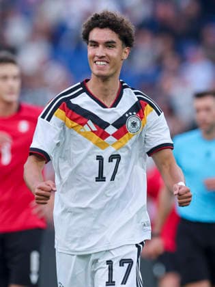 Noah Darvich (Germany) celebrates after scoring his teams first goal during the UEFA Under21 EURO Qualifier, EM, Europameisterschaft between Germany U21, U 21 and Georgia U21 at Almstadion on October 6, 2026 in Bielefeld, Germany. (Photo by Marco Steinbrenner DeFodi Images) -