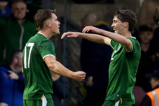 2027 UEFA Under 21 European Qualifier, Munster FA Turner s Cross, Cork 6 10 2026 Republic of Ireland vs England Ireland s Tommy Lonergan celebrates with Cathal McCarthy after he scores his sides 1st goal of the match Tommy Lonergan celebrates with Cathal McCarthy after he scores his sides 1st goal of the match 6 10 2026  Copyright: xx AC010306