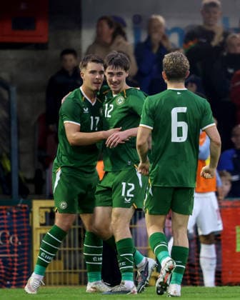 2027 UEFA Under 21 European Qualifier, Munster FA Turner s Cross, Cork 6 10 2026 Republic of Ireland vs England Ireland s Tommy Lonergan celebrates with Cathal McCarthy and Jacob Devaney after he scores his sides 1st goal of the match Tommy Lonergan celebrates with Cathal McCarthy and Jacob Devaney after he scores his sides 1st goal of the match 6 10 2026  Copyright: xx AC010327