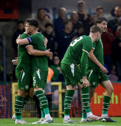2027 UEFA Under 21 European Qualifier, Munster FA Turner s Cross, Cork 6 10 2026 Republic of Ireland vs England Ireland s Tommy Lonergan celebrates with Sean Grehan after he scores his sides 1st goal of the match Tommy Lonergan celebrates with Sean Grehan after he scores his sides 1st goal of the match 6 10 2026  Copyright: xx AC010381