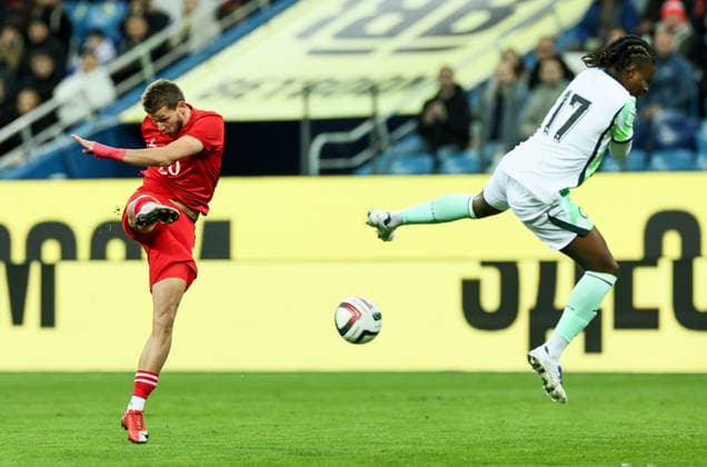 RUSSIA, NIZHNY NOVGOROD - OCTOBER 6, 2026: Russia s Lechi Sadulayev (L) and Nigeria s Chibuzo Nwoko in a football friendly match Russia vs Nigeria at Nizhny Novgorod Stadium (Sovcombank Arena) Russia Vs Nigeria Football Friendly  - ZUMAt113 20261006_zaa_t113_520 Copyright: xSergeixSavostyanovx