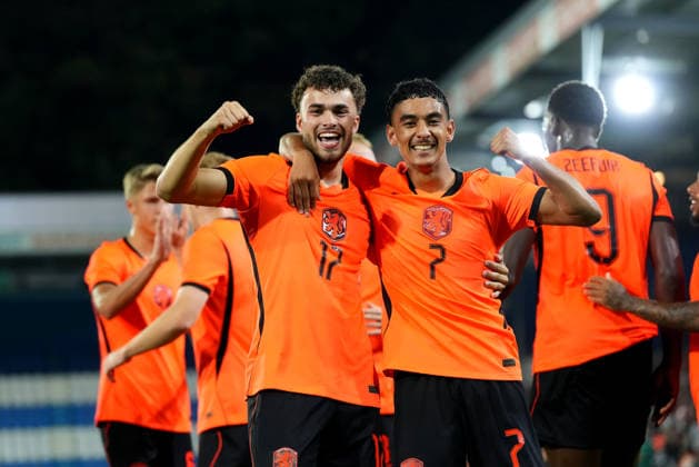 European Championship, EM, Europameisterschaft Qualifier: The Netherlands U21, U 21 v Bosnia and Herzegovina U21 Doetinchem - Aymen Sliti of The Netherlands U21 celebrates scoring his team s first goal (1-0) with Ayoub Oufkir of The Netherlands U21 during the eigth qualification round of the 2026 2027 European Championship Qualifier. The match is set between The Netherlands U21 and Bosnia and Herzegovina U21 at De Vijverberg on 6 October 2026 in Doetinchem, Netherlands. (Hero Images Yannick Verhoeven) Copyright: xYannickxVerhoevenx