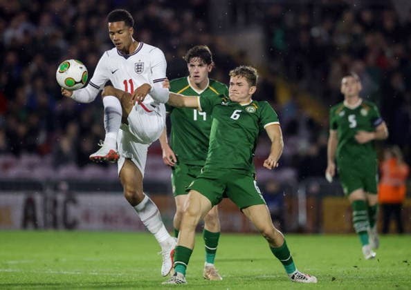 2027 UEFA Under 21 European Qualifier, Munster FA Turner s Cross, Cork 6 10 2026 Republic of Ireland vs England England s Divine Mukasa is tackled by Ireland s Jacob Devaney Divine Mukasa is tackled by Jacob Devaney 6 10 2026  Copyright: xx AC010625