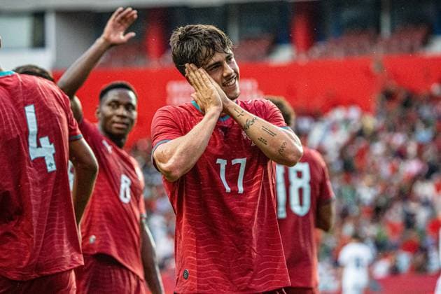 LEIRIA, PORTUGAL - OCTOBER 06: Afonso Moreira celebration (Portugal) during the UEFA EURO, EM, Europameisterschaft,Fussball U21, U 21 Qualifying Round matchday 13 between Portugal and Czechia at Estádio Municipal de Leiria on October 06, 2026 in Leiria, Portugal. Copyright: xCatiaxSilvax Sportspressphoto_SPR247122
