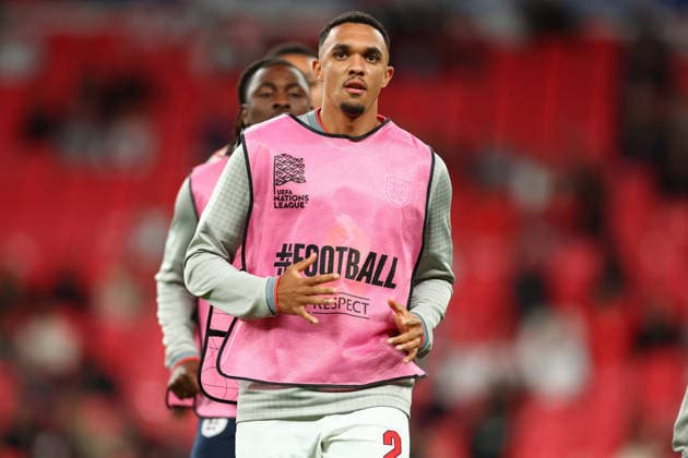 London, England, 6th October 2026. Trent Alexander-Arnold of England warms up before the England vs Czech Republic UEFA Nations League match at Wembley Stadium, London. Picture credit should read: Paul Terry Sportimage EDITORIAL USE ONLY. No use with unauthorised audio, video, data, fixture lists, club league logos or live services. Online in-match use limited to 120 images, no video emulation. No use in betting, games or single club league player publications. SPI_010_PT_England__Czechia SPI-5055-0010