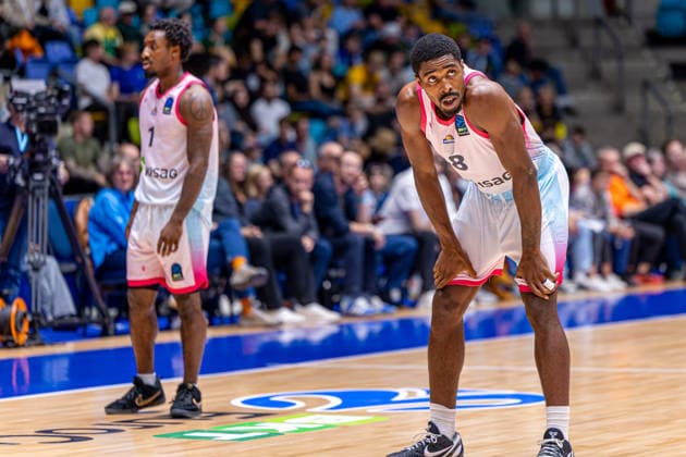 FRANKFURT AM MAIN, GERMANY - OCTOBER 6: Isaiah Swope (Skyliners Frankfurt, 1) and William Christmas (Skyliners Frankfurt, 8) during the BKT EuroCup 2026 27, match between Frankfurt Skyliners vs. BC Siauliai at Suewag Energie Arena on October 6, 2026 in Frankfurt am Main, Germany. Hessen Germany Copyright: xBEAUTIFULxSPORTS Freudensteinx