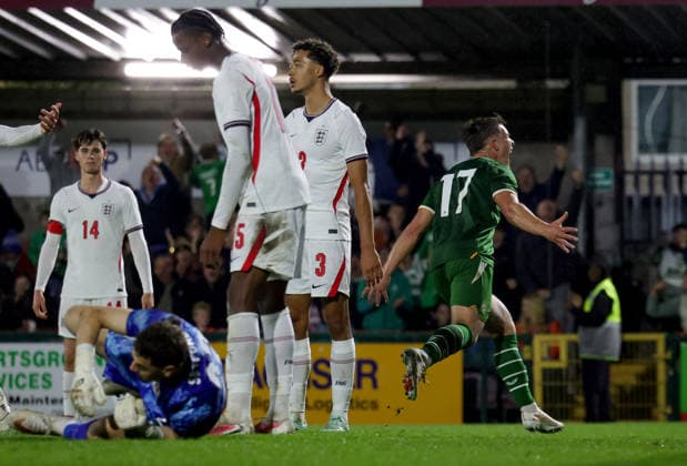2027 UEFA Under 21 European Qualifier, Munster FA Turner s Cross, Cork 6 10 2026 Republic of Ireland vs England Ireland s Tommy Lonergan celebrates after he scores his sides 3rd goal of the match Tommy Lonergan celebrates after he scores his sides 3rd goal of the match 6 10 2026  Copyright: xx NE1L0867