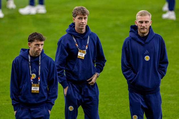 RECORD DATE NOT STATED 6th October 2026; Hampden Park, Glasgow, Scotland; UEFA Nations League Football, Scotland versus Slovenia; Ryan Christie, Jack Hendry and Olly McBurnie of Scotland VagelisxGeorgariou