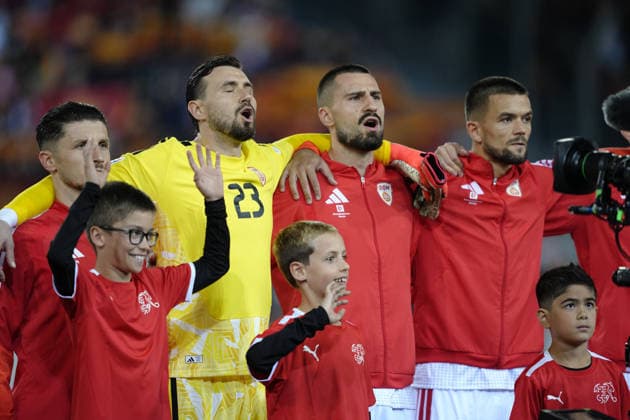 Luzern, Switzerland - October 06: Stole Dimitrievski (Goalkeeper 23 MKD) and Enis Bardhi (10 MKD) during National anthem before the UEFA Nations League match between Switzerland and North Macedonia at thermoplan arena on October 06, 2026 in Luzern, Switzerland. Copyright: xKjetilxWaberx xSPPx Sportspressphoto_SPR247155