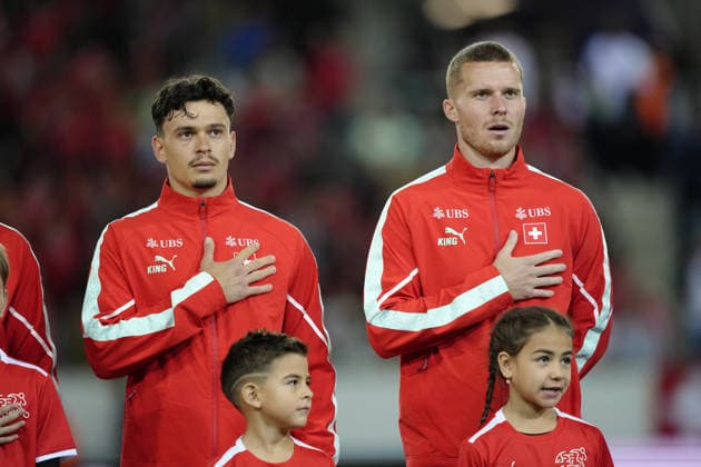 Luzern, Switzerland - October 06: Nico Elvedi (4 SUI) and Fabian Rieder (22 SUI) during National anthem before the UEFA Nations League match between Switzerland and North Macedonia at thermoplan arena on October 06, 2026 in Luzern, Switzerland. Copyright: xKjetilxWaberx xSPPx Sportspressphoto_SPR247162