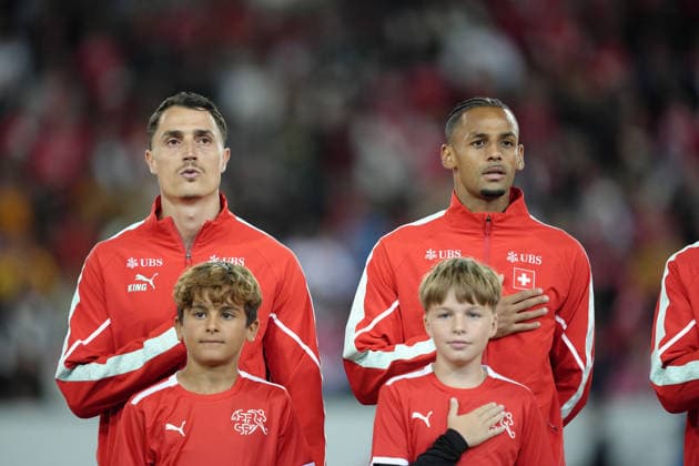 Luzern, Switzerland - October 06: Vincent Sierro (6 SUI) and Mohameth Djibril Ibrahima Sow (15 SUI) during National anthem before the UEFA Nations League match between Switzerland and North Macedonia at thermoplan arena on October 06, 2026 in Luzern, Switzerland. Copyright: xKjetilxWaberx xSPPx Sportspressphoto_SPR247164