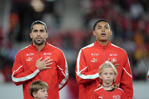 Luzern, Switzerland - October 06: Ricardo Rodriguez Araya (13 SUI) and Sascha Britschgi (2 SUI) during National anthem before the UEFA Nations League match between Switzerland and North Macedonia at thermoplan arena on October 06, 2026 in Luzern, Switzerland. Copyright: xKjetilxWaberx xSPPx Sportspressphoto_SPR247165